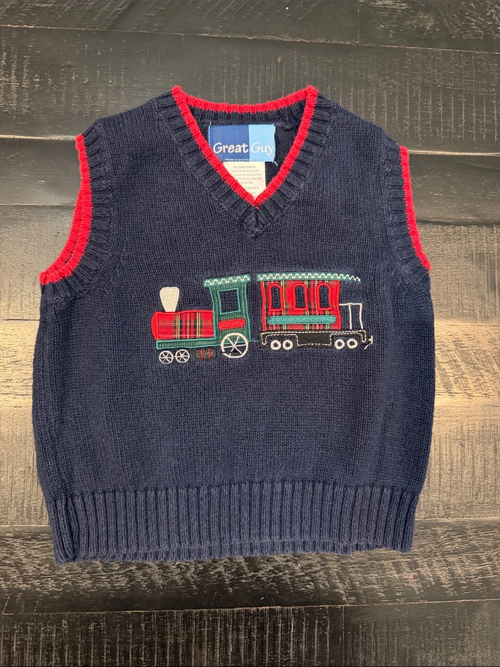 Vintage Navy Knit Train Sweater Vest with Red Trim